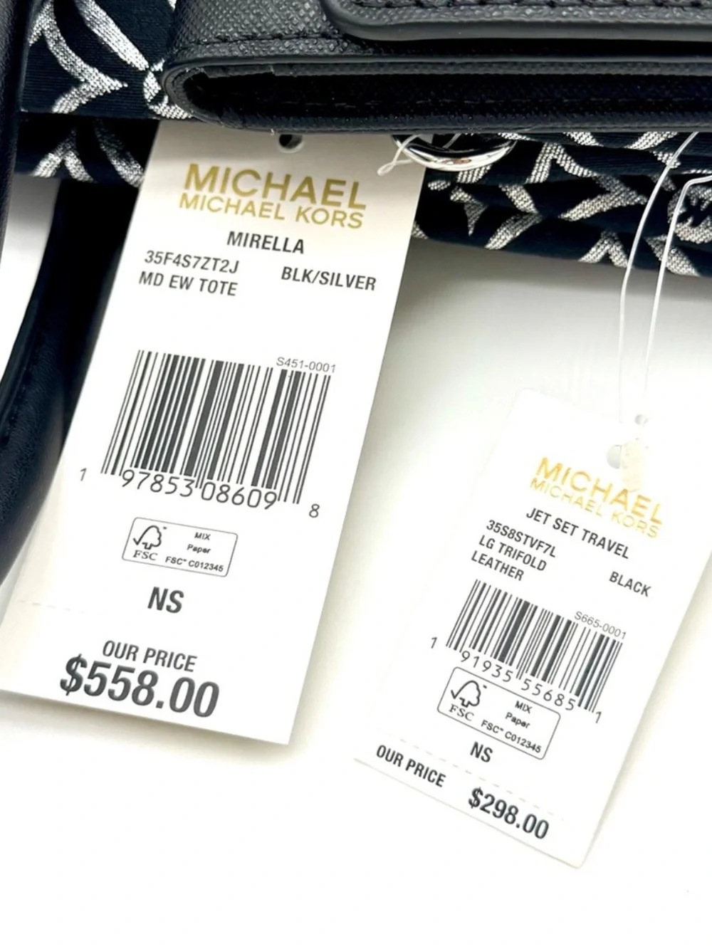 Michael Kors Medium Mirella Tote Bag & Large Trifold Wallet - Black /Silver